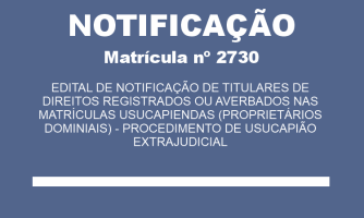 EDITAL DE NOTIFICAÇÃO DE TITULARES DE DIREITOS REGISTRADOS OU AVERBADOS NAS MATRÍCULAS USUCAPIENDAS (PROPRIETÁRIOS DOMINIAIS) - PROCEDIMENTO DE USUCAPIÃO EXTRAJUDICIAL MAT. 2730 (2)