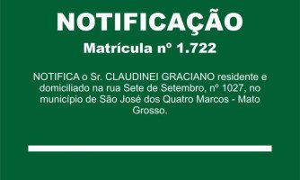 EDITAL DE NOTIFICAÇÃO, Sr. CLAUDINEI GRACIANO, para fins de conhecimento e manifestação sobre a retificação a ser efetuada na matrícula n° 1.722