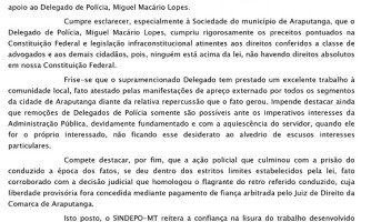 Sindicato dos Delegados de Polícia de Mato Grosso manifesta apoio ao Delegado de Araputanga